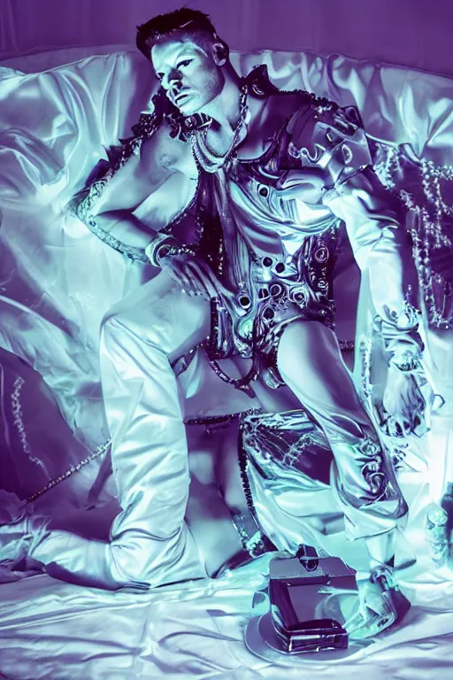 Image similar to full-body rococo and cyberpunk style neon statue of a young attractive Ricky Martin macho dotado e rico android sim roupa reclining con las piernas abertas e la piroca dura, glowing white lasers, glowing eyes, silver prince crown, silver steampunk gears, white diamonds, swirling mint-colored silk fabric. futuristic elements. ethereal white dripping tar. full-length view. space robots. human skulls. large white balloon animals. intricate artwork by caravaggio. Trending on artstation, octane render, cinematic lighting from the right, hyper realism, octane render, 8k, depth of field, 3D