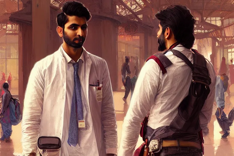 Image similar to Enraged good looking pale young Indian doctors wearing American clothes chatting at the airport, portrait, elegant, intricate, digital painting, artstation, concept art, smooth, sharp focus, illustration, art by artgerm and greg rutkowski and alphonse mucha