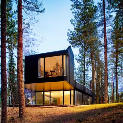 Image similar to a modern house in the woods, surrounded by pine trees. the house is the shape of a mobius strip with large picture windows.