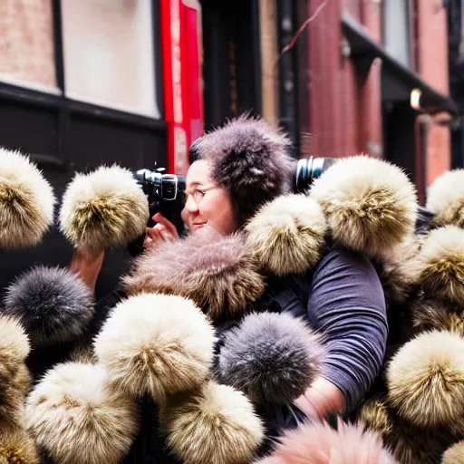 Image similar to an photography of star triek's tribbles take over brooklyn, canon eos c 3 0 0, ƒ 1. 8, 3 5 mm, 8 k, medium - format print