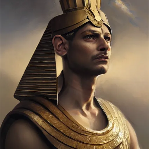 Image similar to a dramatic epic ethereal portrait of an ancient Egyptian soldier, full body with dynamic pose, male, detailed face, cinematic lighting, highly detailed oil on canvas painting by Greg Rutkowski, winning-award digital art trending on Artstation H 1024 W 832