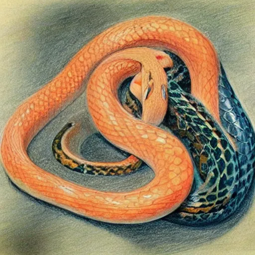 Prompt: A beautiful drawing of a snake eating its own tail that seems to go on forever. 2000s by Nora Heysen colorful, amorphous