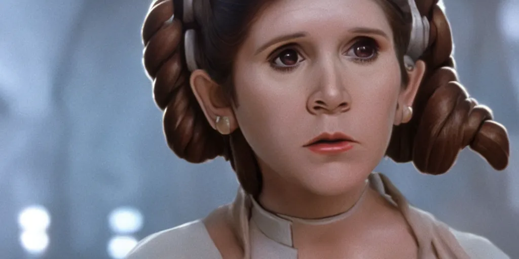 Image similar to carrie fisher princess leia, 1 9 8 0, 1 9 8 3 in modern star wars movie, full body portrait, motion blur, mcu style, chase sequence, real life, spotted, ultra realistic face, accurate hands, 4 k, movie still, uhd, sharp, detailed, cinematic, render, modern