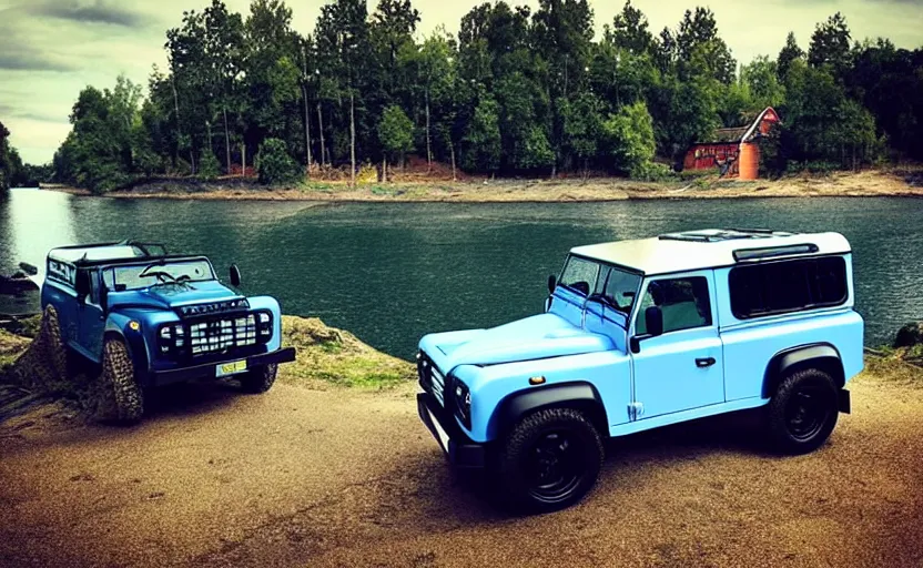 Image similar to “Blue Land Rover Defender in Porvoo in front of river. In the style of GTA 5.”