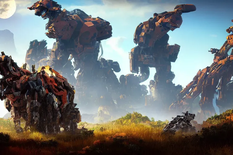 Image similar to rockbreaker machine mecha animal beast robot of horizon forbidden west horizon zero dawn bioluminiscence global illumination ray tracing hdr fanart arstation by sung choi and eric pfeiffer and gabriel garza and casper konefal