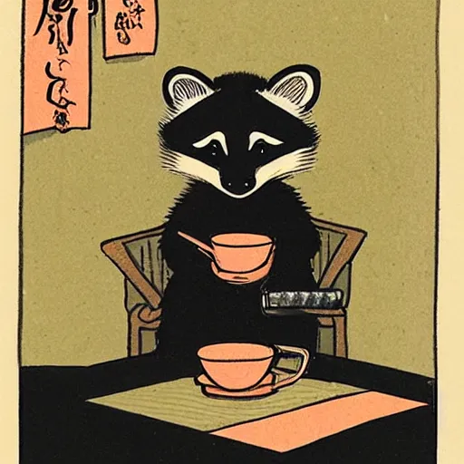 Image similar to little raccoon sitting by a cozy fireplace with a cup of tea. warm color temperature. ukiyo - e,