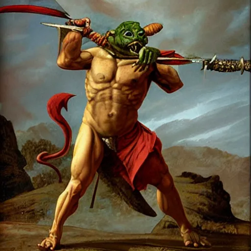 Image similar to dog - faced muscular goblin, ugly face, lizard tail, holding scimitar made of bone, scimitar, sword, jagged sword, curved sword, orkish sword, gray skin, red sky, hyper - detailed, primeval fantasy, prehistoric fantasy, art by jacques - louis david