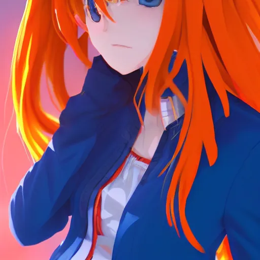 Prompt: orange haired anime girl, 1 7 year old anime girl with smooth long hair, wearing blue jacket, strong lighting, strong shadows, vivid hues, raytracing, sharp details, subsurface scattering, intricate details, hd anime, high budget anime movie, 2 0 2 1 anime