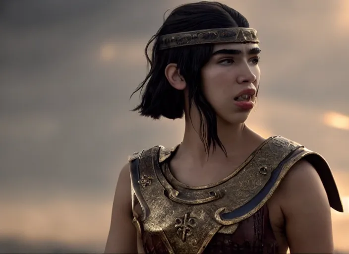 Prompt: film still of dua lipa as leonidas in 3 0 0 movie, 8 k