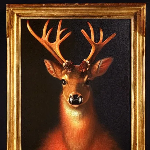 Image similar to a flaming deer portrait in the style of renaissance painting