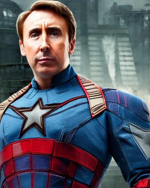 Image similar to film still close - up shot of alan partridge as captain america from the movie captain america : the first avenger. photographic, photography