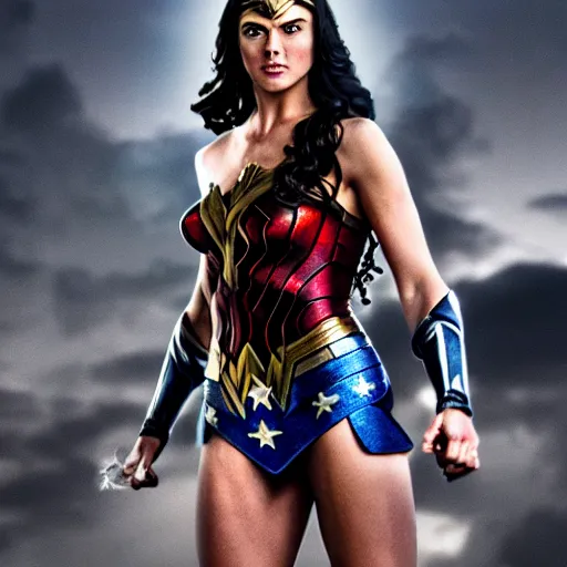 Image similar to A wide angle shot of athletic Wonder Woman from Justice League movie with athletic body, stunning photograph, 200mm F/2.0