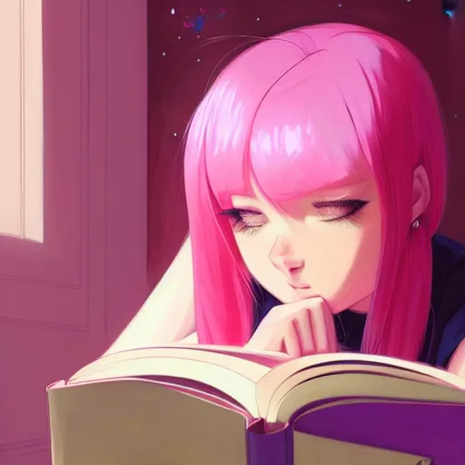 Image similar to beautiful girl with pink hair, reading a book in her room, night time, sharp focus, intricate, digital painting, artstation, official media, anime key visual, highly detailed, rich vivid colors ambient lighting, illustration, art by Artgerm, Makoto Shinkai, Ilya Kuvshinov, Lois Van Baarle and Rossdraws