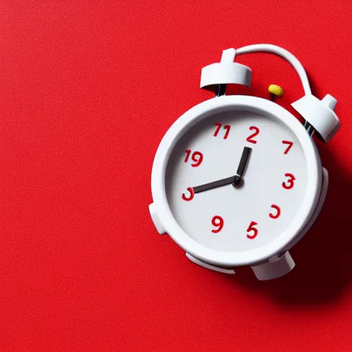 Image similar to Very tiny red alarm clock that looks like the iOS emoji and has the same colors, 3D clay render, 4k UHD, white background, isometric top down left view, diffuse lighting, zoomed out very far