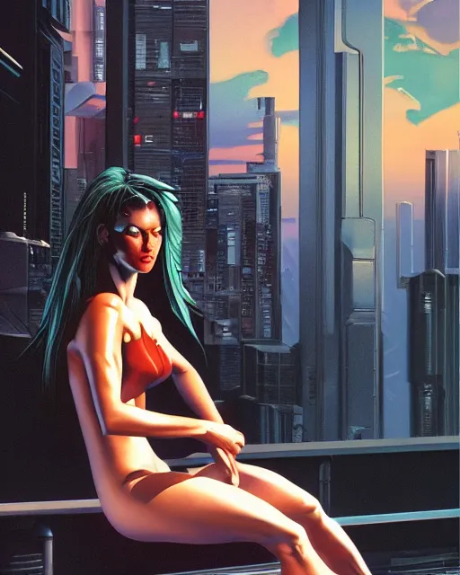 Prompt: a picture of a woman sitting on a ledge, cyberpunk art by boris vallejo and by syd mead and by hiroshi nagai, cgsociety, figurative art, airbrush art, made of liquid metal, synthwave