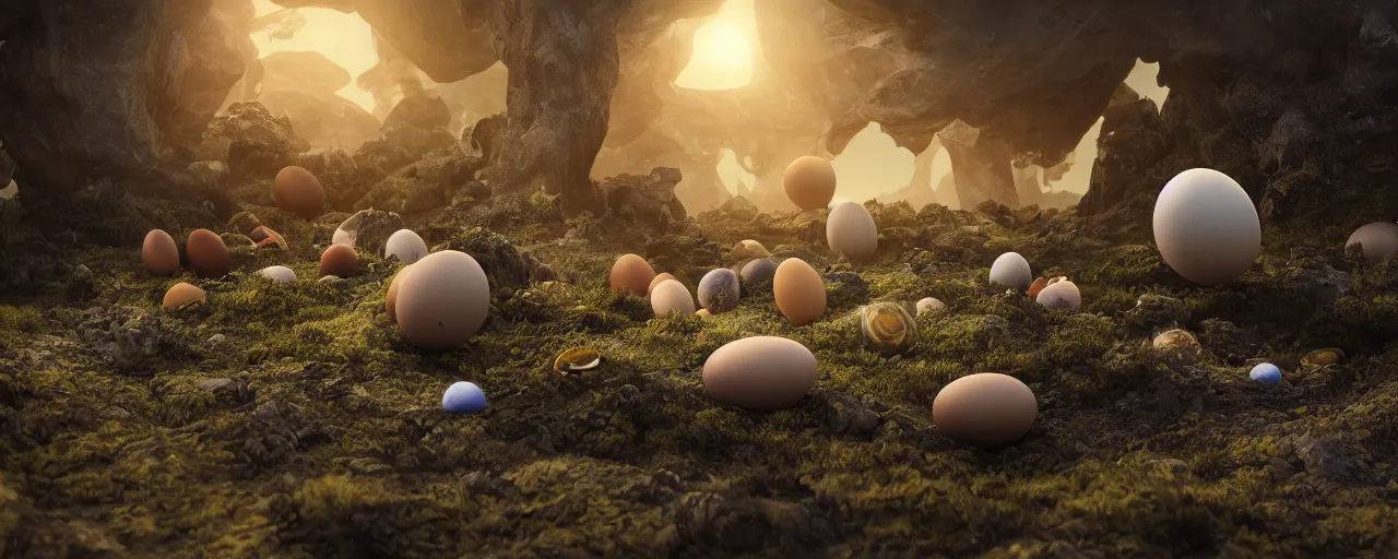 Image similar to ” louter planet with strange and mysterious eggs and larvae, [ cinematic, detailed, epic, widescreen, opening, establishing, mattepainting, photorealistic, realistic textures, octane render ] ”