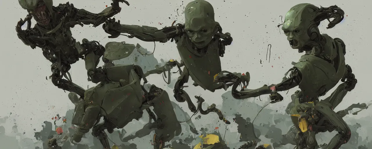 Image similar to duotone olive green grey illustration 3 / 4 portrait of gollum kun fu fighting with boston dynamics robots. dynamic chaotic composition accidental renaissance golden ratio. by sachin teng and sergey kolesov and ruan jia and heng z. graffiti art, scifi, fantasy, hyper detailed. octane render. concept art. trending on artstation