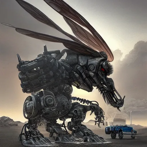 Image similar to giant horsefly robot monster attacking a silver school bus in the desert, ultra detailed, 8 k, greg rutkowski, artgerm, trending on artstation, award - winning art,