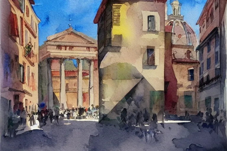 Prompt: !! watercolor!! rome in a sunny day, artwork by tooth wu, colorful contrast,!! very coherent!!, dark shadow, thick lineart
