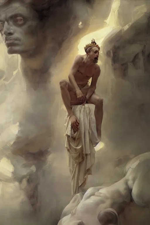 Prompt: beautiful oil painting portrait of ancient roman god emperor steve buscemi wearing the civic crown levitating and ascending religious pose, ascension, art by anders zorn, wonderful masterpiece by greg rutkowski, expressive brush strokes, beautiful cinematic light, american romanticism by greg manchess, jessica rossier