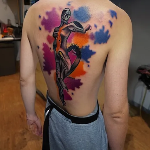 Image similar to backside on the shoulders is a tattoo of a 3 d hole in the skin with multicolored tubes and robotic mechanics and computerparts inside under the skin, insanely integrate,