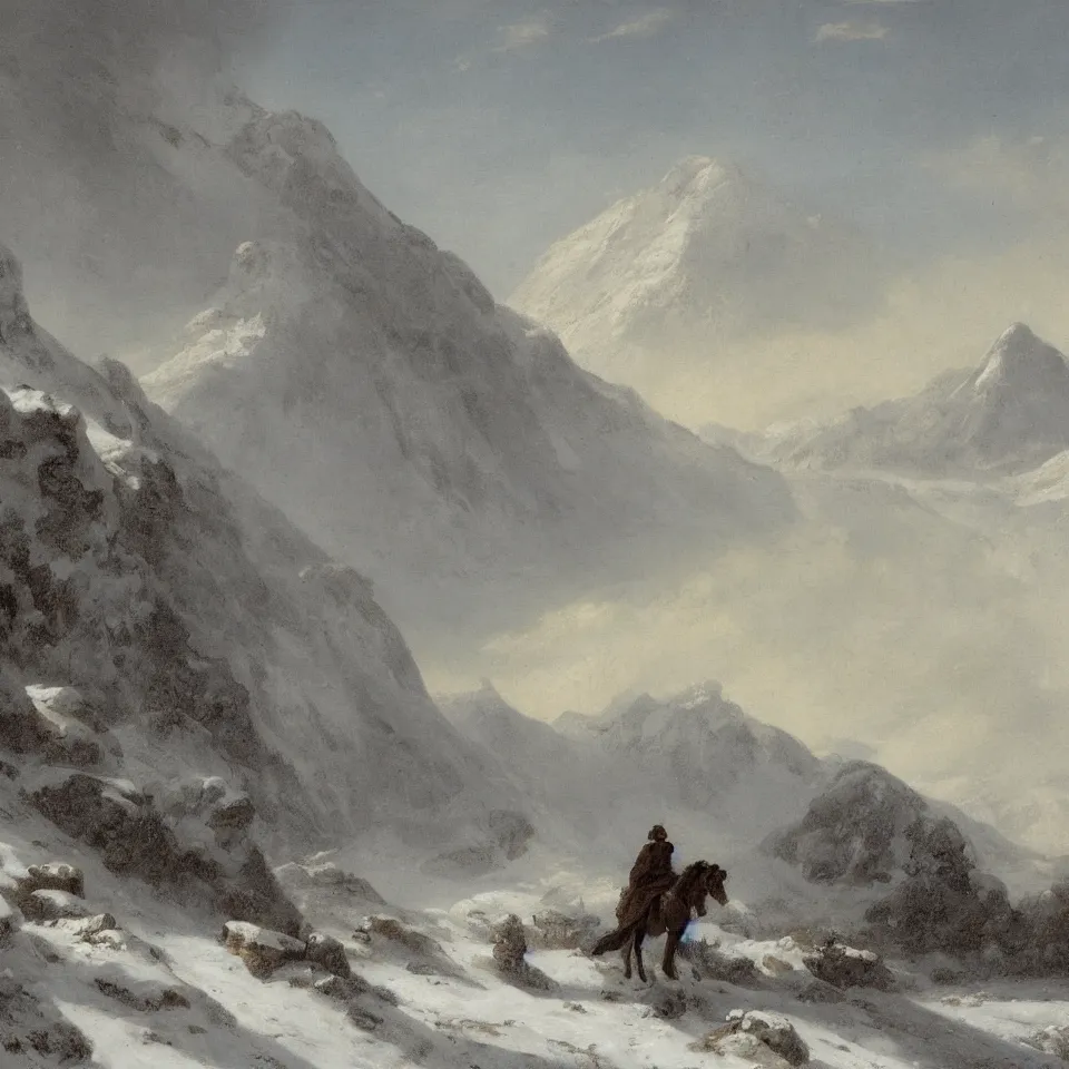 Prompt: figure on horseback in an icy landscape with snow covered mountains in the distance, Kristian Wåhlin,