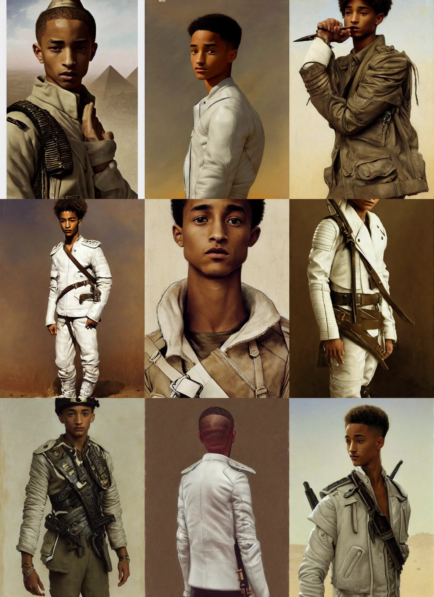 Prompt: jaden smith as young egyptian soldier, white leather jacket, shaved head, intricate, sharp focus, illustration, orientalism, bouguereau, rutkowski, jurgens