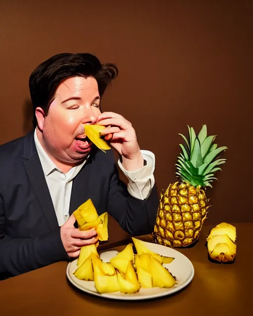 Image similar to A drunk Michael Mcintyre eating a pineapple in a nightclub in Porto,real life skin, intricate, elegant, highly detailed, artstation, concept art, smooth, sharp focus, photo