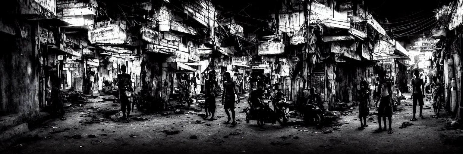 Image similar to Cyberpunk Slums Mafia gangs , futuristic Phnom-Penh Cambodia, neon dark lighting