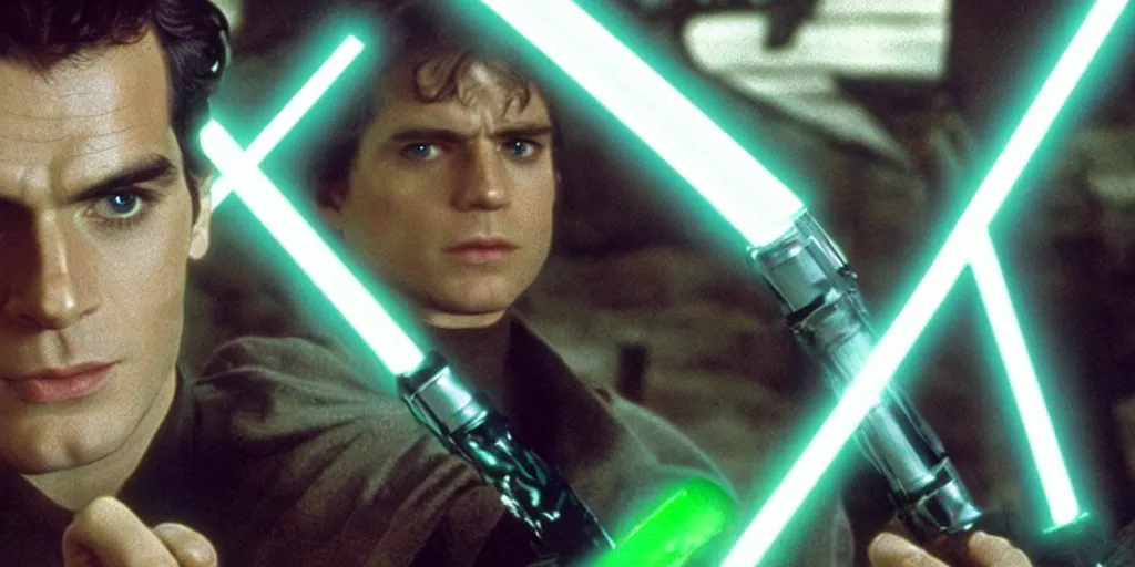 Image similar to a still from a film featuring clean shaven henry cavill as jedi master luke skywalker, holding a green lightsaber by the hilt, 3 5 mm, directed by steven spielberg, 1 9 9 4