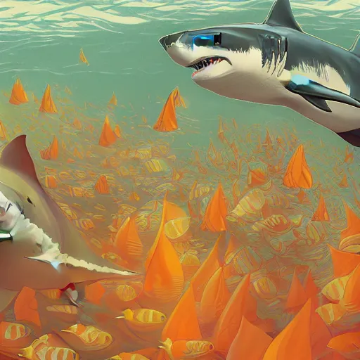 Image similar to great white shark, orange and white striped traffic cones as fins, underwater background detailed atmospheric - ron cheng & alphonse mucha, highly detailed, digital painting, ray tracing, concept art, illustration, smooth sharp focus, intricate, symmetry, artstation,