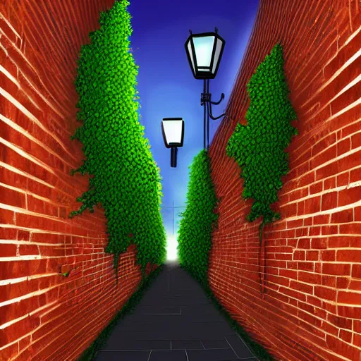 Image similar to a narrow brick alleyway lit with a streetlight, covered in vines, digital painting, hyperrealistic