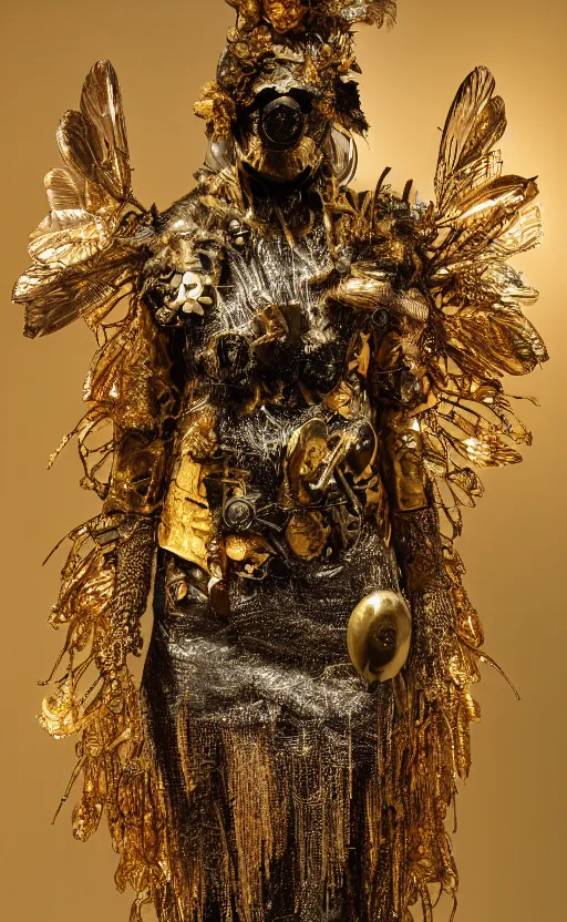 Image similar to full size golden armor, cultist robe, flower mask, ornate, made of sniny latex, feathers, crystals, and smoke by giger and irene van herpen + cyberpunk + steampunk + bees + flowers, insects, honeycombs + sharpened + extremely detailed + harsh gallery lighting + cinematic