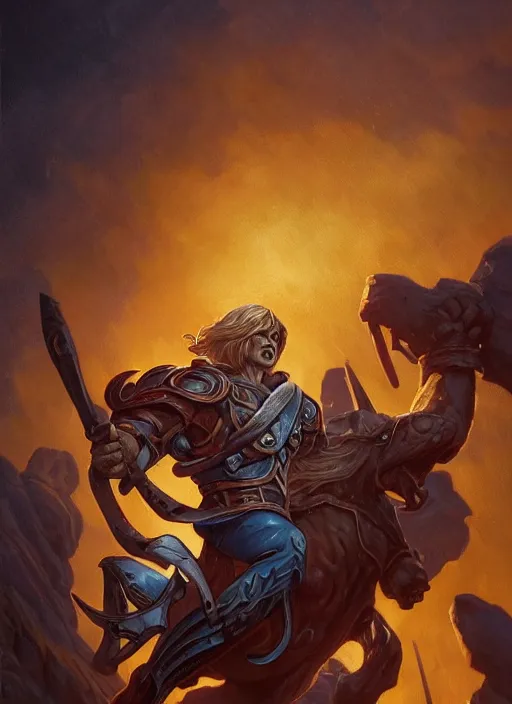 Prompt: He-Man!!!!!, close up, filmation!! ,sci fi,fantasy, intricate, german iron cross chest armor ,elegant, loin cloth ,highly detailed, oil painting, artstation, concept art, matte, sharp focus, illustration, dramatic, sunset,hearthstone, art by Artgerm and Greg Rutkowski and Alphonse Mucha