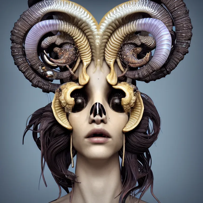 Image similar to goddess princess face close-up portrait ram skull. sculpture made of polished gold and matte obsidian. jellyfish phoenix head, nautilus, orchid, skull, betta fish, bioluminiscent creatures, intricate artwork by Tooth Wu and wlop and beeple. octane render, trending on artstation, greg rutkowski very coherent symmetrical artwork. cinematic, hyper realism, high detail, octane render, 8k