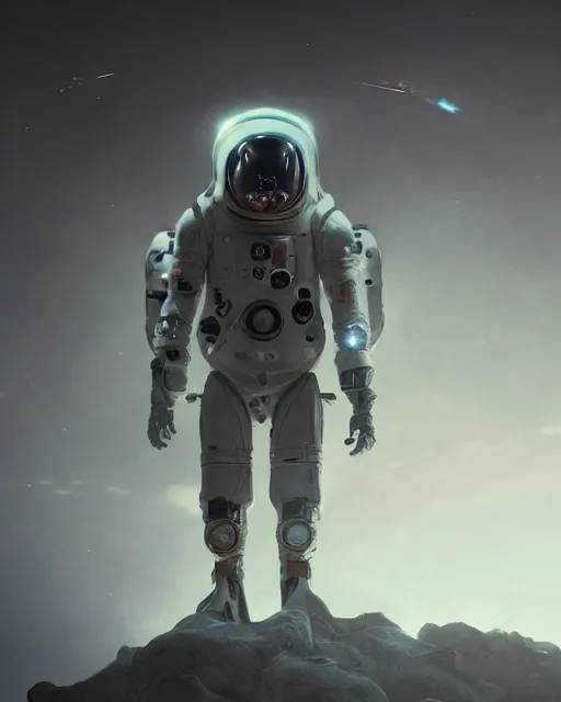 Prompt: full body concept ar of a cyborg astronaut, hovering above ground, smoke surrnounding him, cinematic, sci - fi concept art, octane render, greg rutkowski, brush strokes