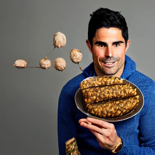 Image similar to a promo portrait of mikel arteta holding a plate of haggis up to the camera, happy,