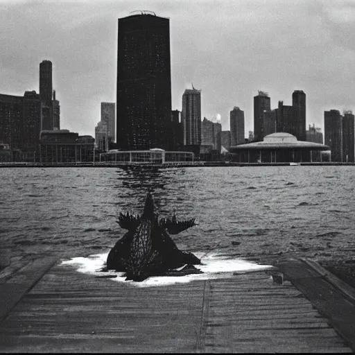 Image similar to godzilla resting in navy pier, chicago after destroying the city