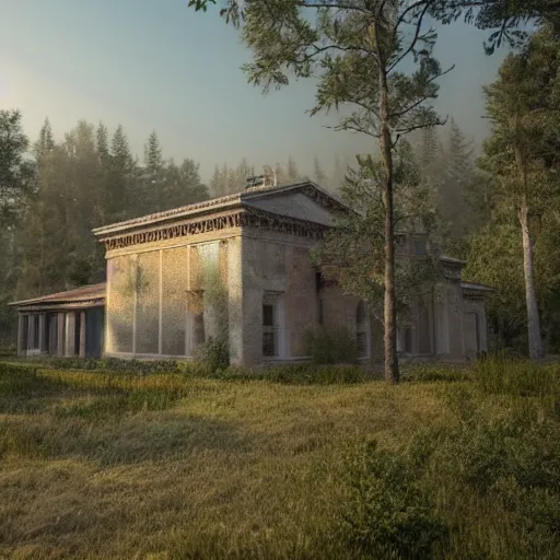 Image similar to a beautiful roman villa in middle of a misty pine forest, 3d rendered, artstation, digital art, 4k