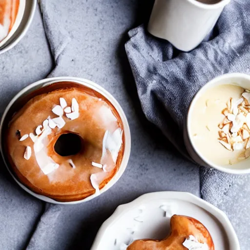 Prompt: delicious donut glazed with white chocolate, almonds and coconut shavings next to a cup of tea