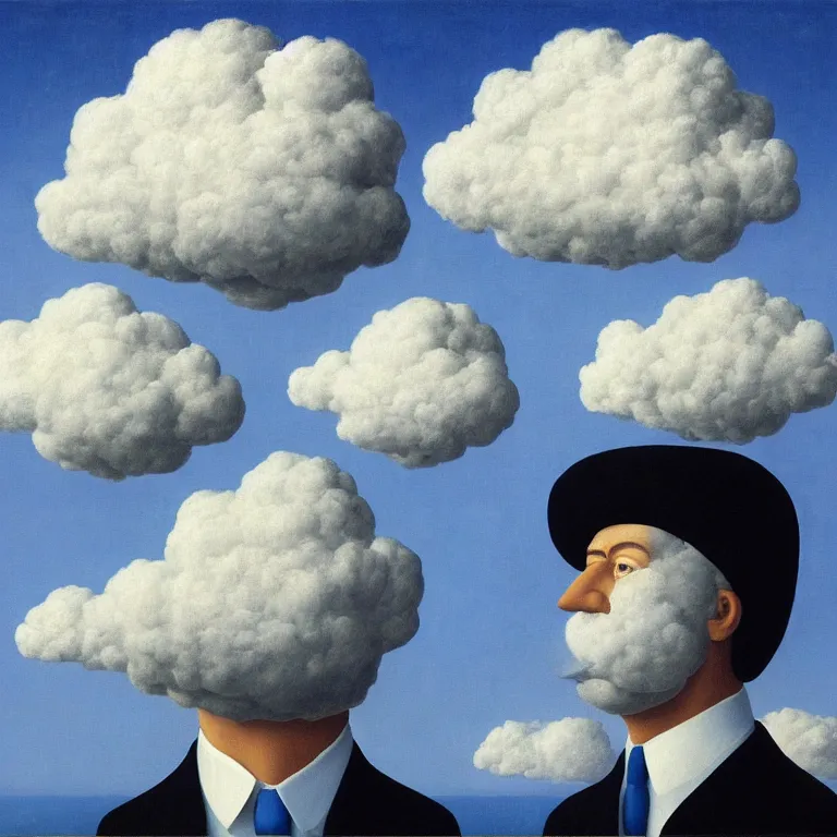 Image similar to portrait of a cloud head man, by rene magritte, centered, detailed painting, hd, hq, high resolution, high detail, 4 k, 8 k