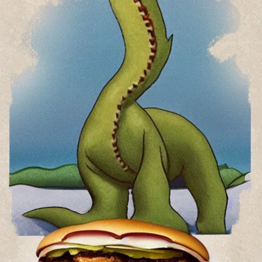 Prompt: anthropomorphic lochness monster eating a cheeseburger