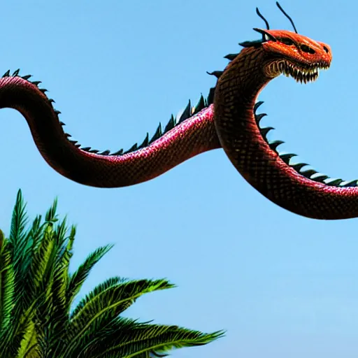 Prompt: 100 ft. wingless flying dragon snake slithering through the sky