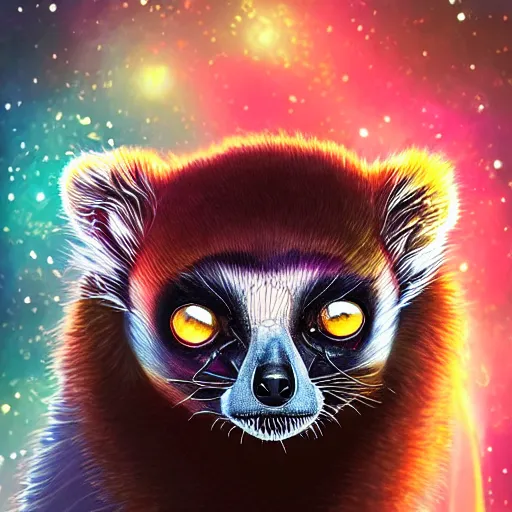 Prompt: Geometric symmetrical lemur with galaxy eyes in space, nebula in the background, intricate, elegant, highly detailed, digital painting, artstation, concept art, smooth, sharp focus, illustration, art by artgerm