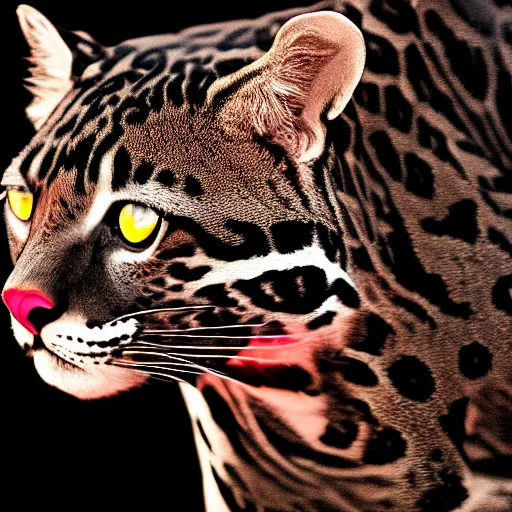 Prompt: profile shot of a black and red ocelot with black background, high contrast, octane render, abstract, 4k