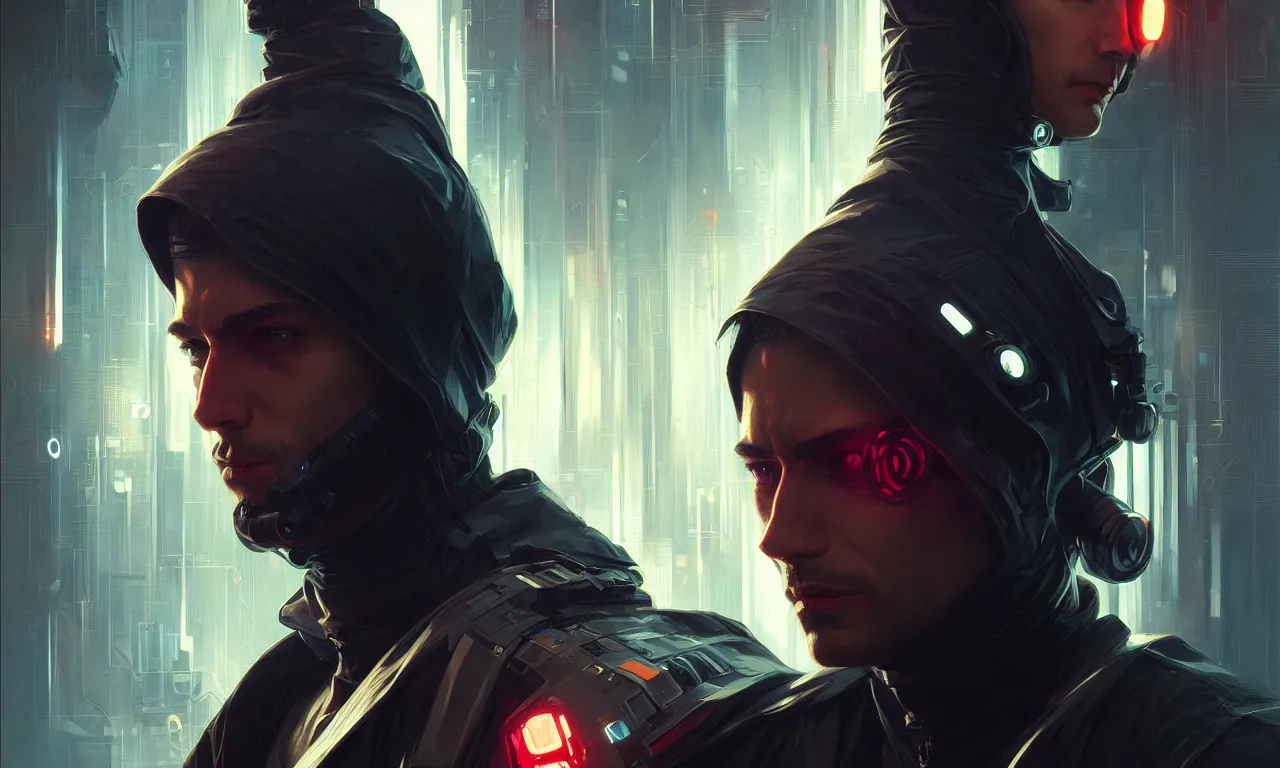 Image similar to Hacker cyberpunk man portrait, highly detailed, digital painting, artstation, concept art, smooth, sharp focus, illustration, art by artgerm and greg rutkowski and alphonse mucha