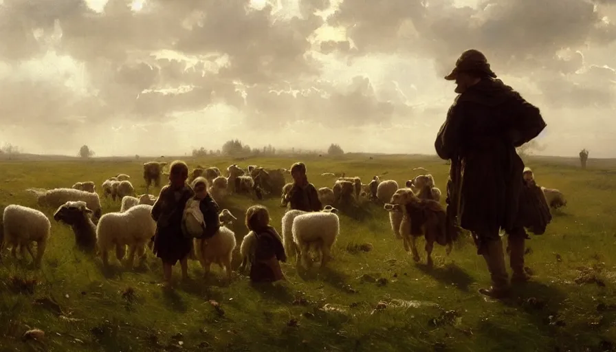 Image similar to simple villager shepherd and children with flocks of sheep in open fields, art by anders zorn, wonderful masterpiece by greg rutkowski, beautiful cinematic light, american romanticism thomas lawrence, greg rutkowski