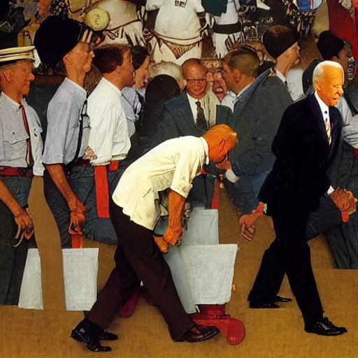 Image similar to joe biden being led around by a large rabbit, artist norman rockwell,