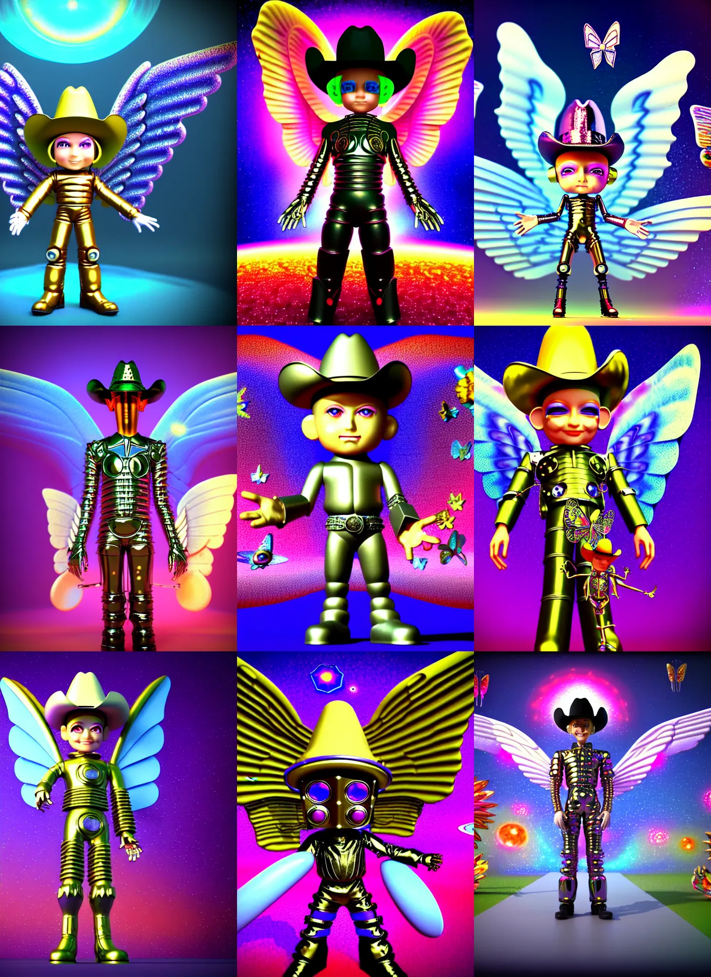 Prompt: vintage cgi 3 d render by micha klein of a chibi cyborg metallic wizard from space channel 5 by ichiro tanida wearing angel wings and a cowboy hat, standing in a big psychedelic landscape background filled with 3 d butterflies and 3 d flowers n the style of old cgi 3 d rendered bryce 3 d, wide frontal view