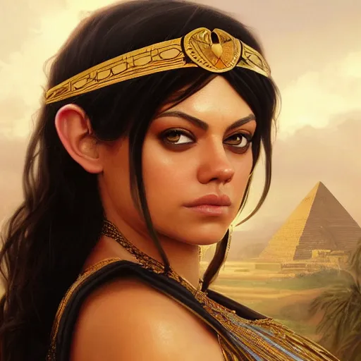 Prompt: a closeup portrait of a young mila kunis as cleopatra, gorgeous view, pyramid background, high detail, art by artgerm and greg rutkowski and alphonse mucha, digital art, trending on artstation